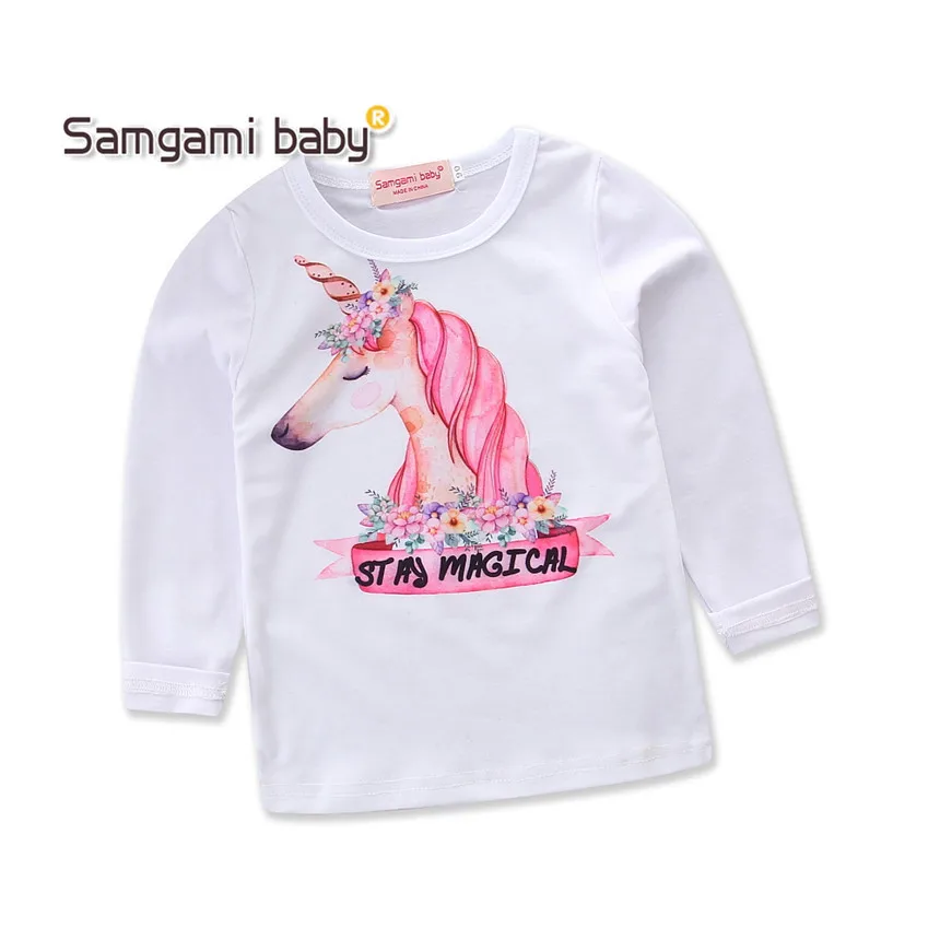 

SAMGAMI BABY Girls T-Shirt 2019 Autumn Full T-Shirt Cute Cartoon Unicorn Animals Horse Printing Clothes Children Clothing Blouse
