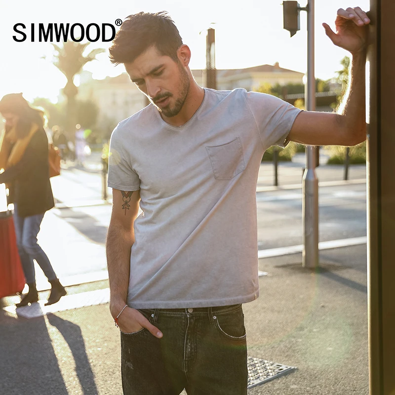 SIMWOOD 2019 летние футболки для мужчин Slim Fit 100% хлопок с v образным вырезом карман