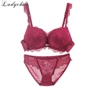 

Ladychili Women Intimates Luxury Full Lace Molded Cup Bra and Panties Set Seamless Underwire Bra and Transparent Underwear WW9
