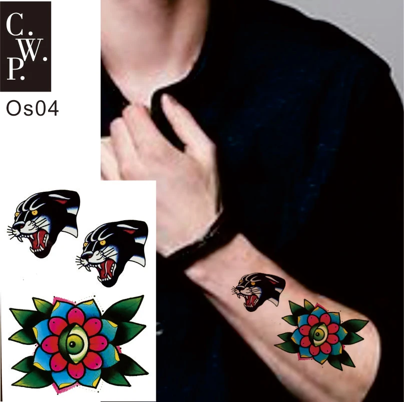 

OS04 2 Pieces Old School Cheetah Head and All Seeing Eye Flower Pattern Temporary Tattoo best Body Art