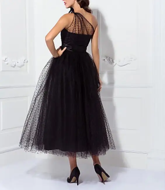 Индивидуальный заказ точка тюль 5 мяч для гольфа платье с асимметрией на одно плечо Принцесса простое платье подружки невесты Черный Свадебный халат De Soiree