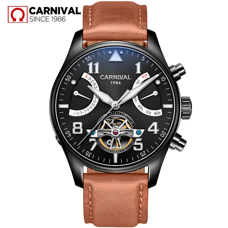 Карнавал сапфир relogio masculino TopBrand автоматические часы для мужчин Tourbillon механические водонепроницаемые часы модные кожаные роскошные - Цвет: Coffee Black