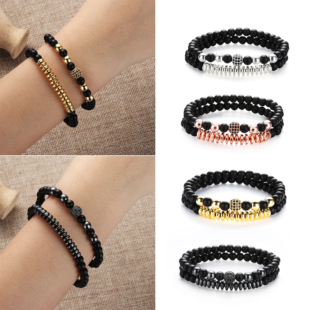 

Pink Opps 2pcs/set 8mm beads Natural Stone Bracelets Lava Rock Bracelet Matte Black Beaded Copper Charm Handmade Bangles jewelry