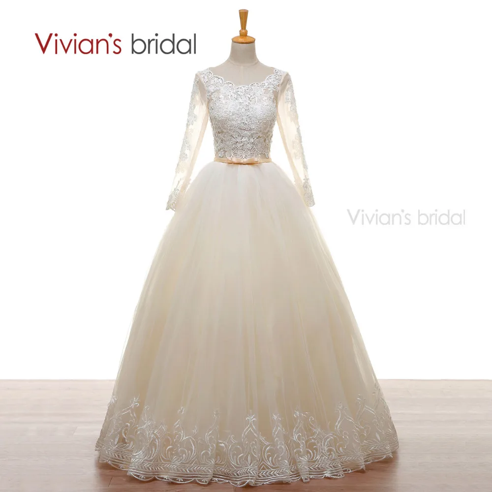 Vivian's Bridal A line Wedding Gown Long Sleeves Beads Lace Tulle Champagne Wedding Dresses Backless W2401 12