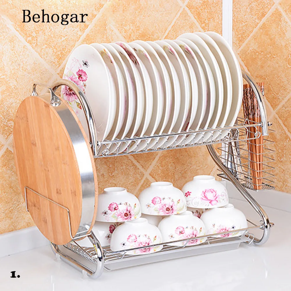 Behogar Double Tiers Shelf Stainless Steel Cutlery Dish Rack Kitchen