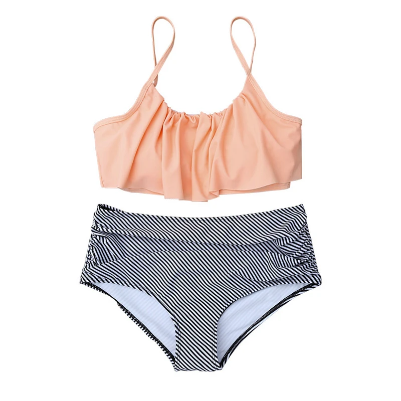 2017 Sexy Falbala Crop Top+Striped Bottom Swimwear Women High Waist