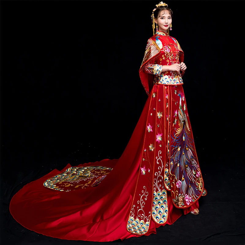 Красное свадебное платье невесты в китайском стиле Cheongsam традиционная леди длинное Ципао Вышивка женское вечернее платье для свадьбы