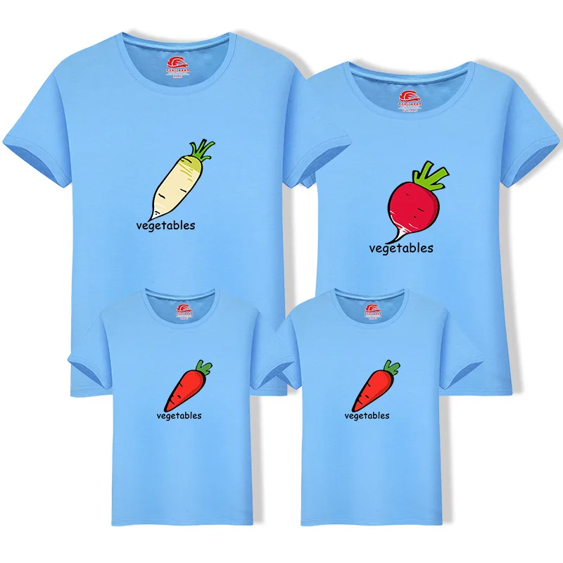 Одинаковые комплекты для семьи летняя футболка с короткими рукавами верхняя одежда из хлопка для мамы папы, сына, дочки платье овощей
