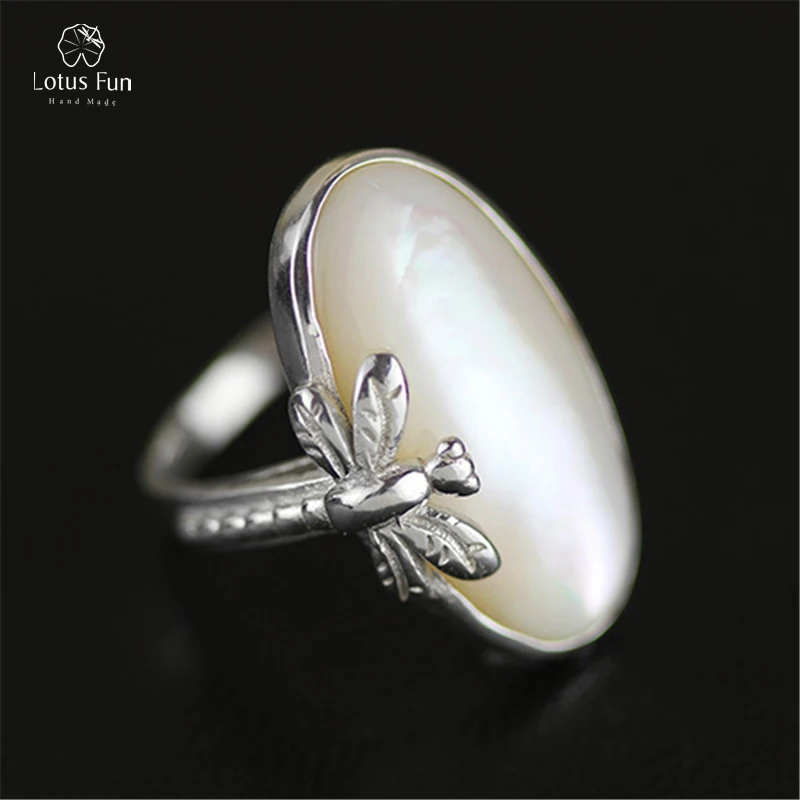 

Lotus Fun 925 Sterling Silver Ring for Women Natural Oval Shell Handmade Designer Dragonfly Punk Adjustable Band Fine Jewelry