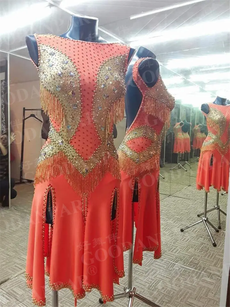 

GOODANPAR bead tube Lycra Latin Dance Competition Dresses Women With Bodysuit Bra Cups Salsa Samba Rumba Standard Dance Wear