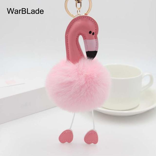 New Flamingo Pompom Keychain Fluffy Fake Rabbit Fur Ball Key Chain Porte clef Women Car Bag pompon Key Ring Accessories