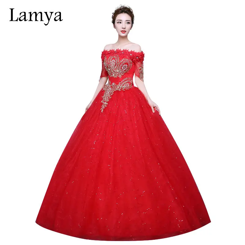 Модное красное свадебное платье LAMYA с золотой вышивкой кружевное для невесты