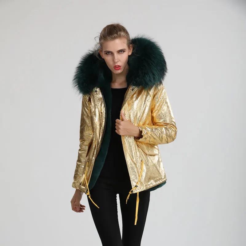 

PU Leather Golden parka casual wear dark green thickness faux fur lining mr mrs wear,outwear fur parka with hoodies