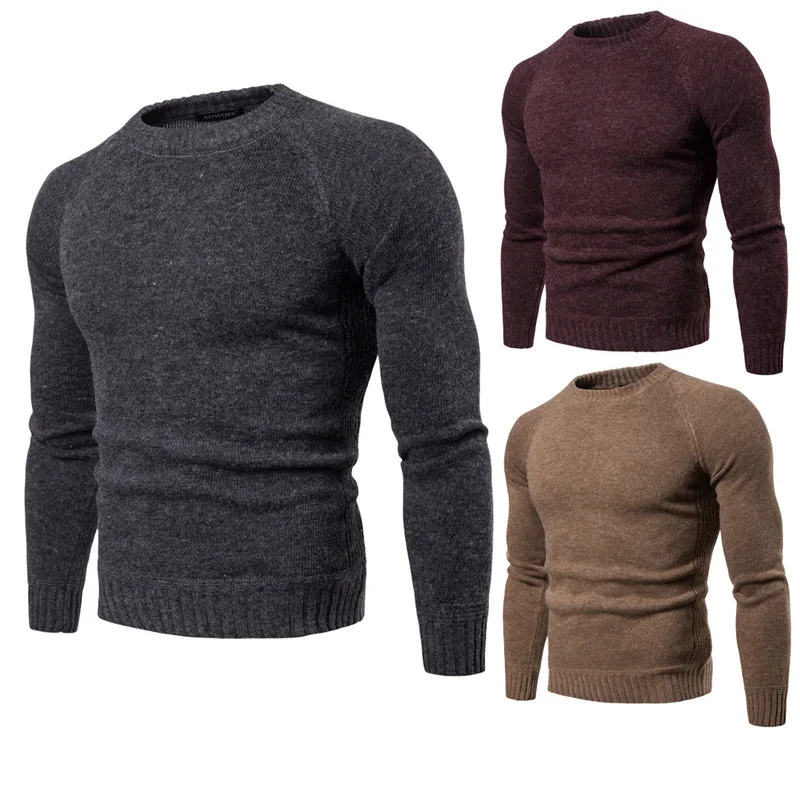 2019 Autumn new Men's crew neck Sweater Men's Solid color Long-sleeved knit bottoming shirt Color Dark gray  Jujube  Khaki