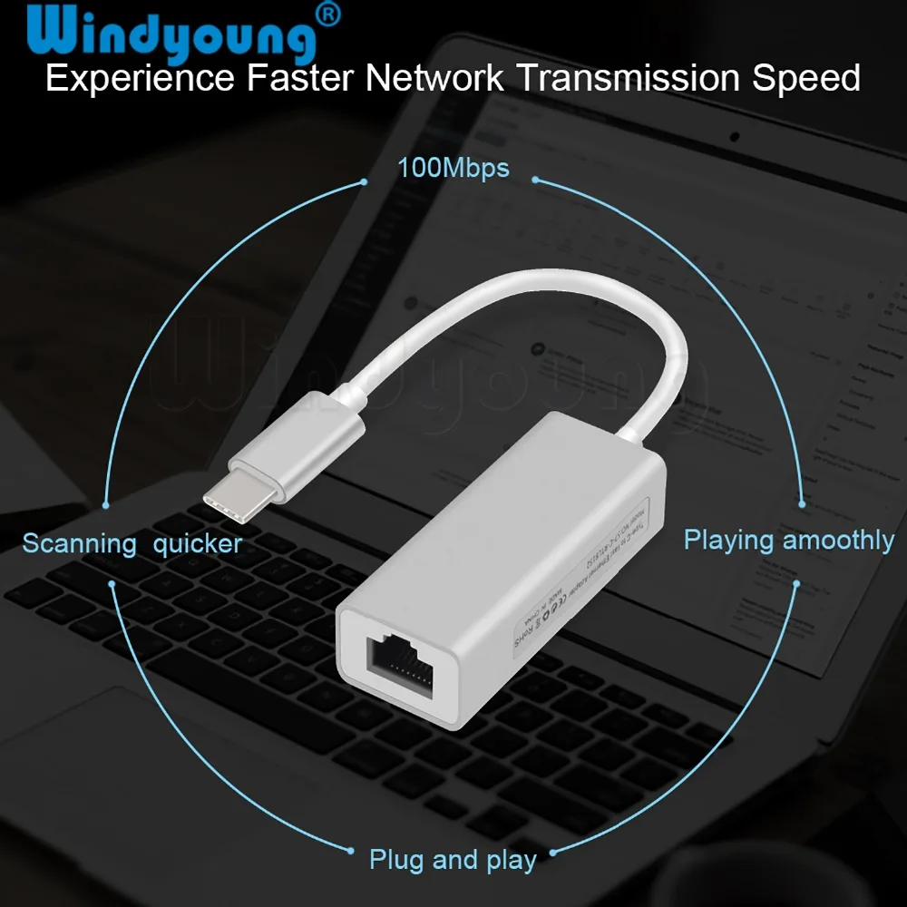 Windyoung USBC адаптера Ethernet 10/100 Мбит/с Тип C RJ45 сетевой адаптер USB-C Тип-C сетевая карта USB Ethernet для MacBook Chromebook