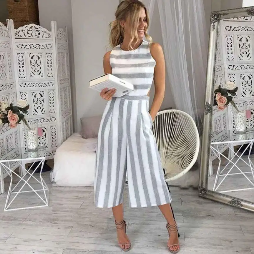 

CHAMSGEND Women Sleeveless Striped Jumpsuit Casual Clubwear Wide Leg Pants Outfit Drop Shipping 1F1