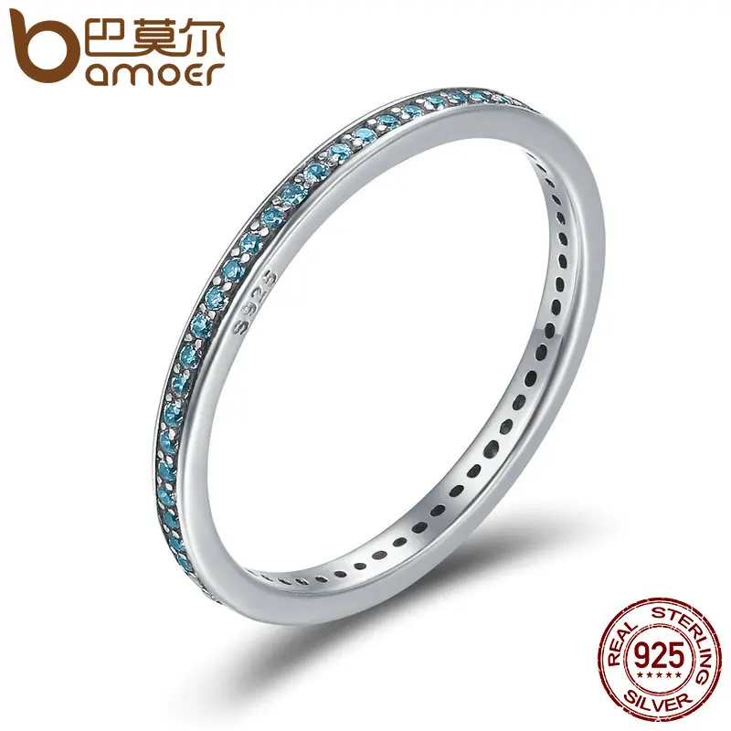 

BAMOER Simple Sterling Silver Luminous CZ Light Blue Round Female Finger Rings for Women Engagement Jewelry SCR229