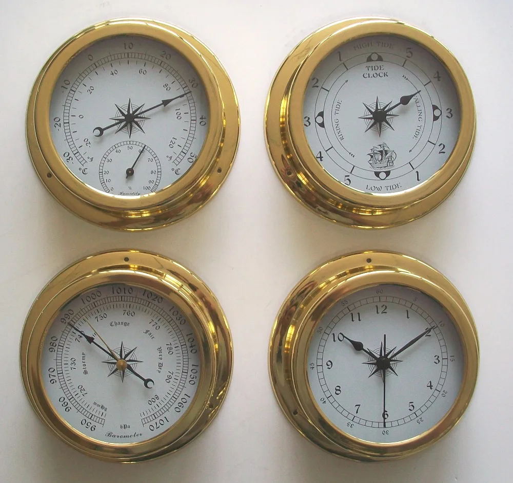 

4 pcs/set Brass Case Traditional Weather Station Barometer Temperature Hygrometer and Tide Clock 145mm Large size B9145-4