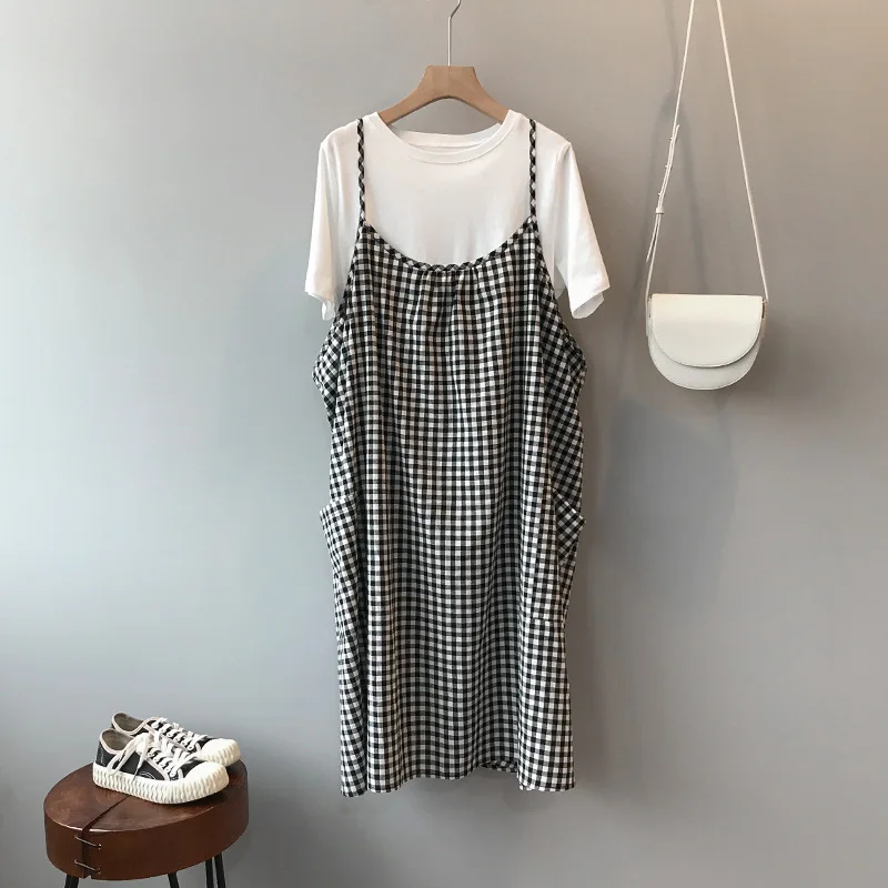 

A-line Summer Women Plaid Pockets Casual Dress Mid Calf Length Sleevesless Spaghetti Strap Loose Waist Bow Dress