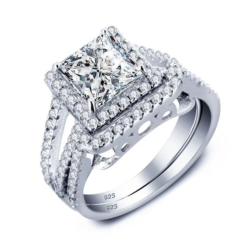 

COLORFISH Princess Cut 1.6 ct SONA NSCD Wedding Ring Set 925 Sterling Silver Halo Engagement Rings Sets Luxury Women's Jewelry