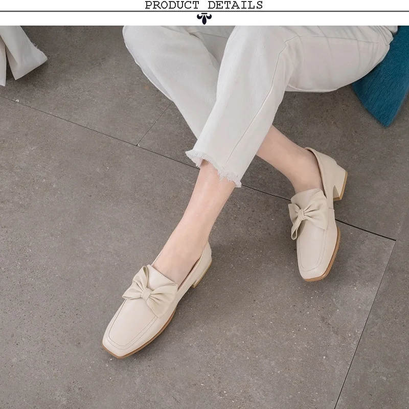 ZVQ shoes woman spring new high quality genuine leather square toe women pumps sweet bowtie low square heel ladies shoes