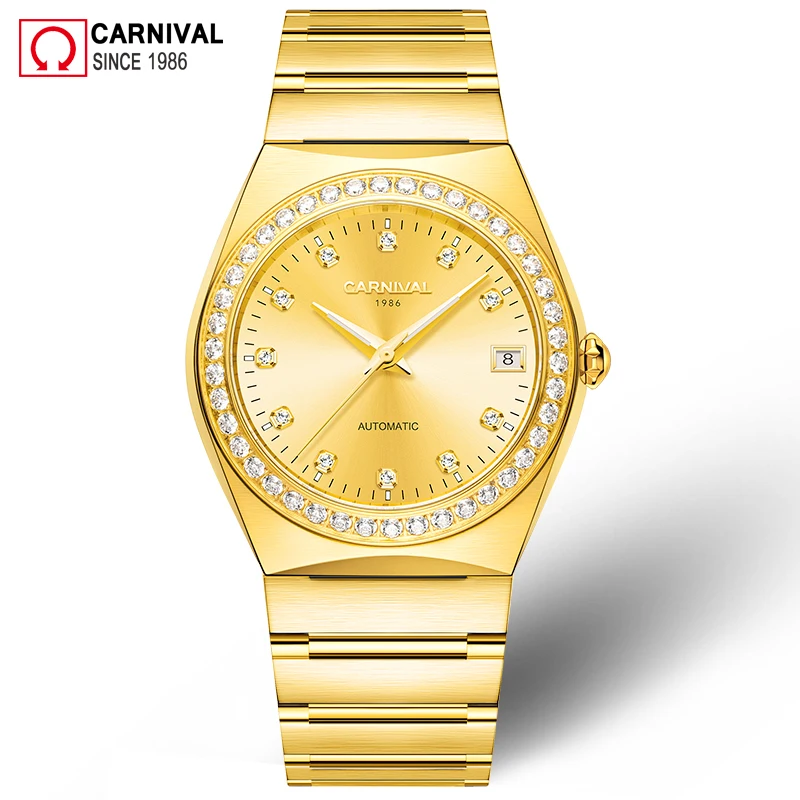 

Carnival Luxury Diamond Golden Automatic Watch Men Japan Movement Stainless Steel Mechanical Watches Mens Clock erkek kol saati