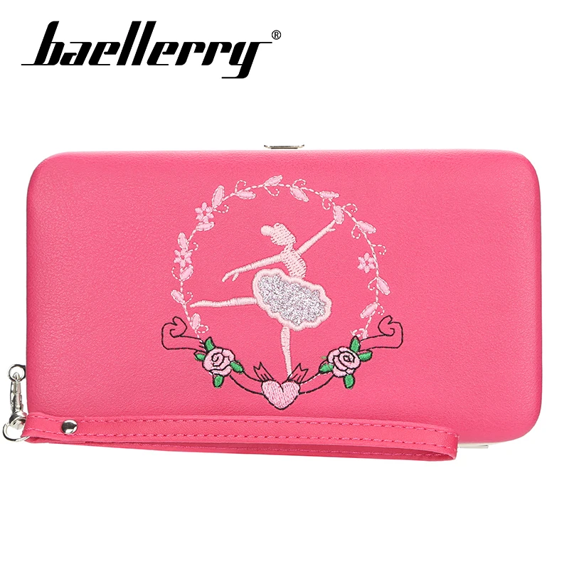 

Baellerry Pink Dancing Girl Embroidered Long Wallet Zipper PU Leather Wallet Coin Pocket Card Holder Photo Holder Casual Wallet