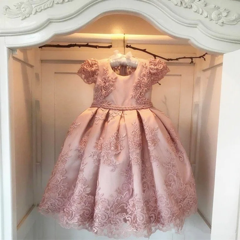 Розовые Платья с цветочным узором для девочек, украшенные жемчугом, с большим бантом, с кружевной аппликацией, платье с цветочным узором для девочек, праздничные платья для первого причастия на день рождения - Цвет: Picture color