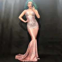 Сексуальное модное блестящее платье с большими кристаллами, длинный шлейф, женский костюм на день рождения, платье для выпускного вечера, вечернее платье с большим хвостом