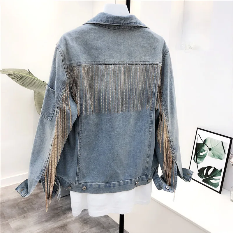 Günstige Neue Denim Jacke Quasten Pailletten frauen Jeans Koreanische Lose Jeans Jacke Schimmer Perlen Mantel Casual Mädchen Oberbekleidung veste femme