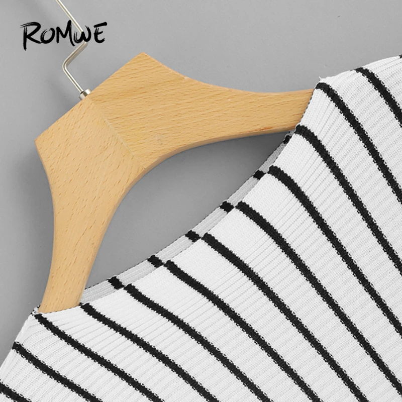 ROMWE Black And White Striped Round Neck Sweater Women Casual Autumn Long Sleeve Jumper Clothes Ladies Spring Pullovers Sweater