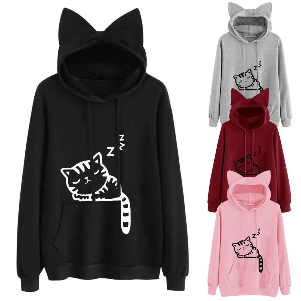 

JSMY New Women's INS Style Cat Print Loose Long Sleeve Top Sweatshirt Casual Pullover Hooded Top