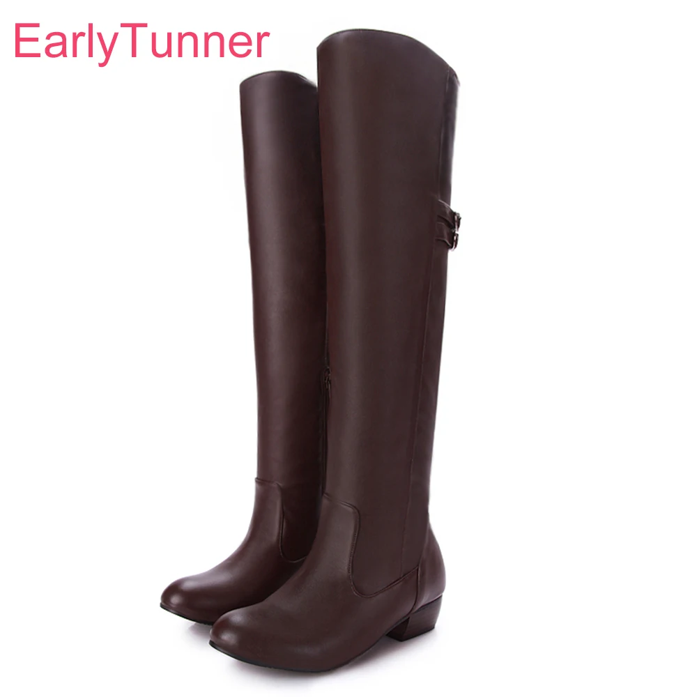 

Brand New Sales Black Brown Women Thigh High Slouch Boots Fashion Lady Over the Knee Shoes Low Heel EH106 Plus Big size 43 10