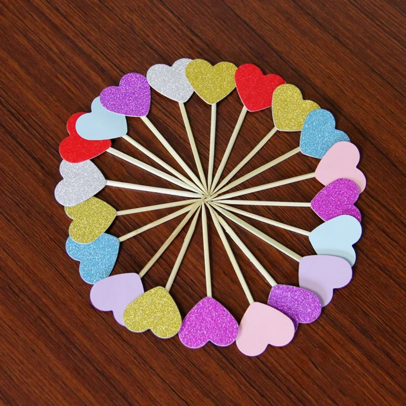 

Happy Birthday Party 10 Pcs Heart New Cake Topper Supplies Baby Shower Decorations Wedding Party Glitter Gold