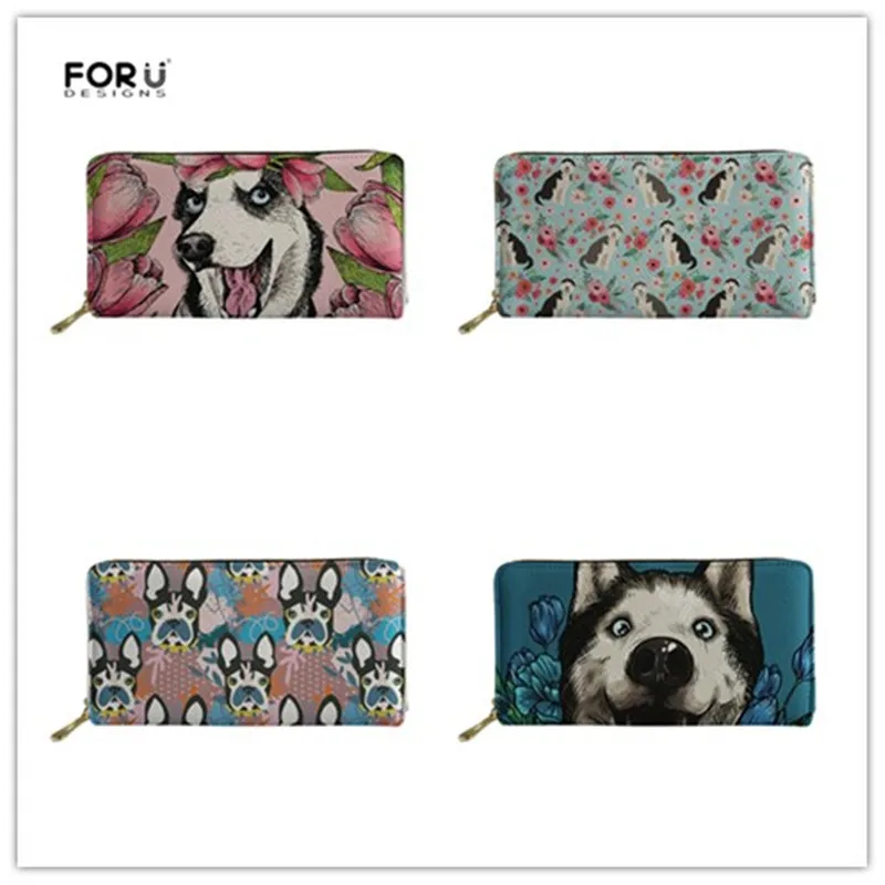 

FORUDESIGNS Long Organizer Wallet Women Husky Flower Printing PU Leather Purse for Girls Cute Coin Pouch Zipper Femme Money Bag