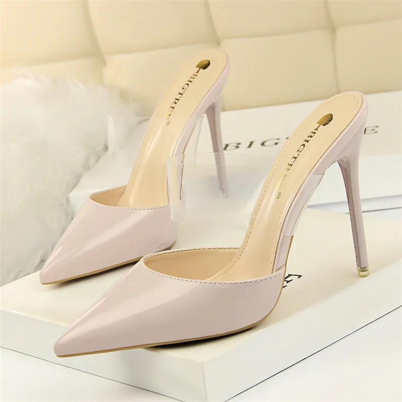 

New Pointed Concise Patent Leather Women Slipper High Heels Shoes Shallow Woman Transparent Word Band Sexy Party Slippers Summer