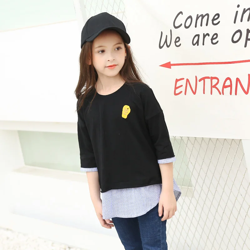 

Teen Girls T Shirt Cotton Casual Kids Girls Shirts Three Quarter Sleeve Fashion Patch Teenage Girls Tops Children Clothes 6-15Y