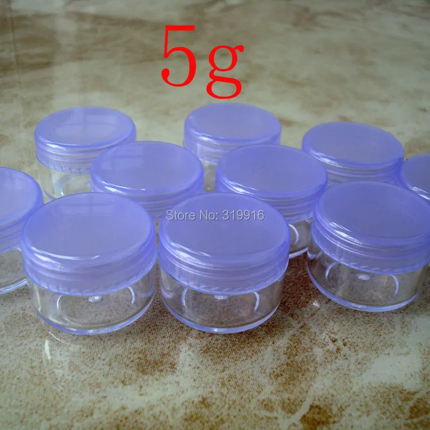 

5g X 100 empty cosmetic cream small plastic container , Mini sample cream jar with screw purple lid ,display clear bottle pot