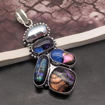 

New Arrival Unique Antique Dichroic Glass 925 Sterling Silver Color Charms Pendant Necklace Jewelry 2 7/8 INCH TF768