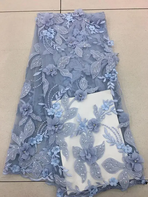 

1 yard light blue 3d lace fabric with 3d Chiffon florals, French haute couture, Handmade heavy beading lace fabric with flowers