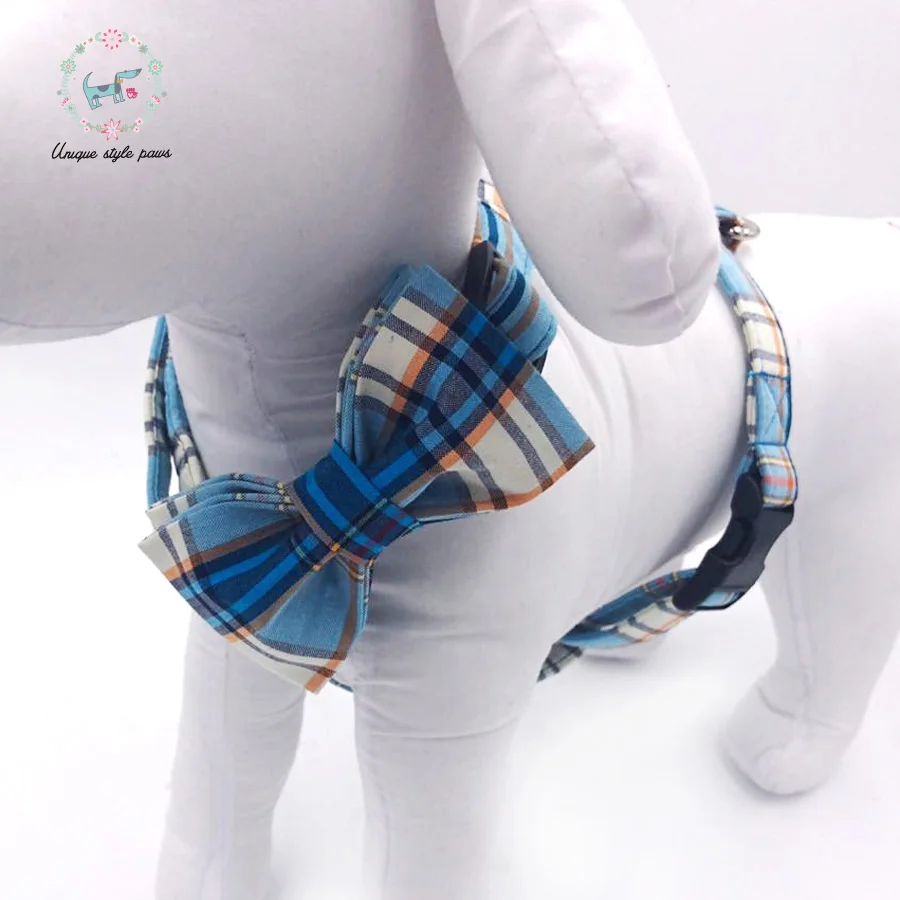 

Soft Blue Plaid Cotton Dog Harness with Bowtie Adjustable Buckle Dog Gift Pet Accessory