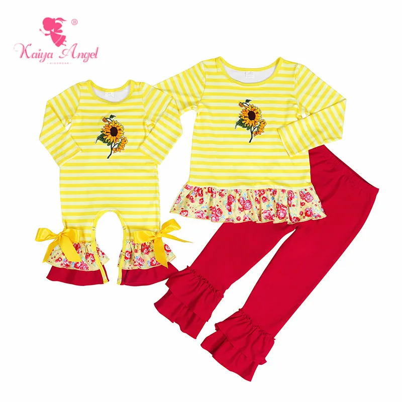

Kaiya Angel Children Boutique Clothing 2018 Wholesale Long Sleeve Striped Sunflower Printed Baby Girl Fall Bow Ruffle Romper