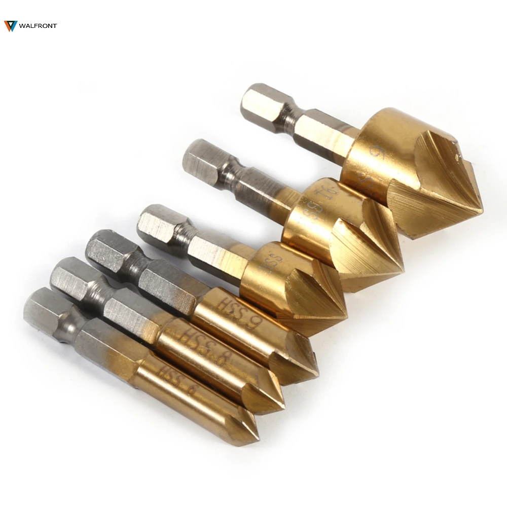 6pcs 1/4" Hex Shank HSS 90 Degree Countersink Drill Bits 5 Flute
