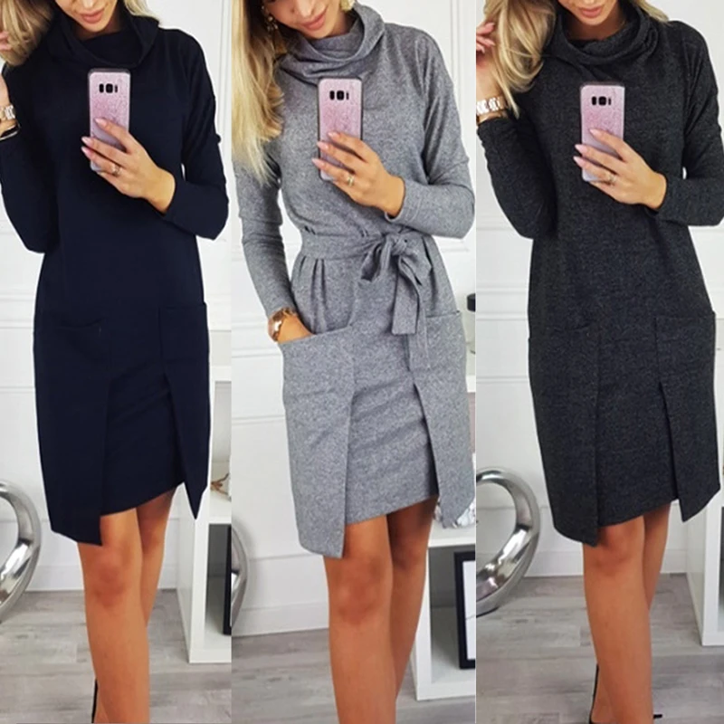 

Autumn Winter Women Fashion Elegant Neck Long Sleeve Big Pocket Tops Ladies Female Large Big Solid Color Blouse Dress