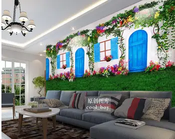 

3d wallpaper pvc European style white doors and windows flowers vines grass background wall floor 3d wallpaper