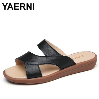 

YAERNI Women Sandals Split Leather Flats Shoes Women Casual Sandals Fashion Comfortable Shoes Women's Sandals Slippers Home