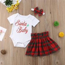 Одежда для новорожденных и маленьких девочек; футболка; комбинезон с буквенным принтом+ клетчатая юбка; рождественские наряды; коллекция года; Рождественская одежда для детей 0-24 месяцев