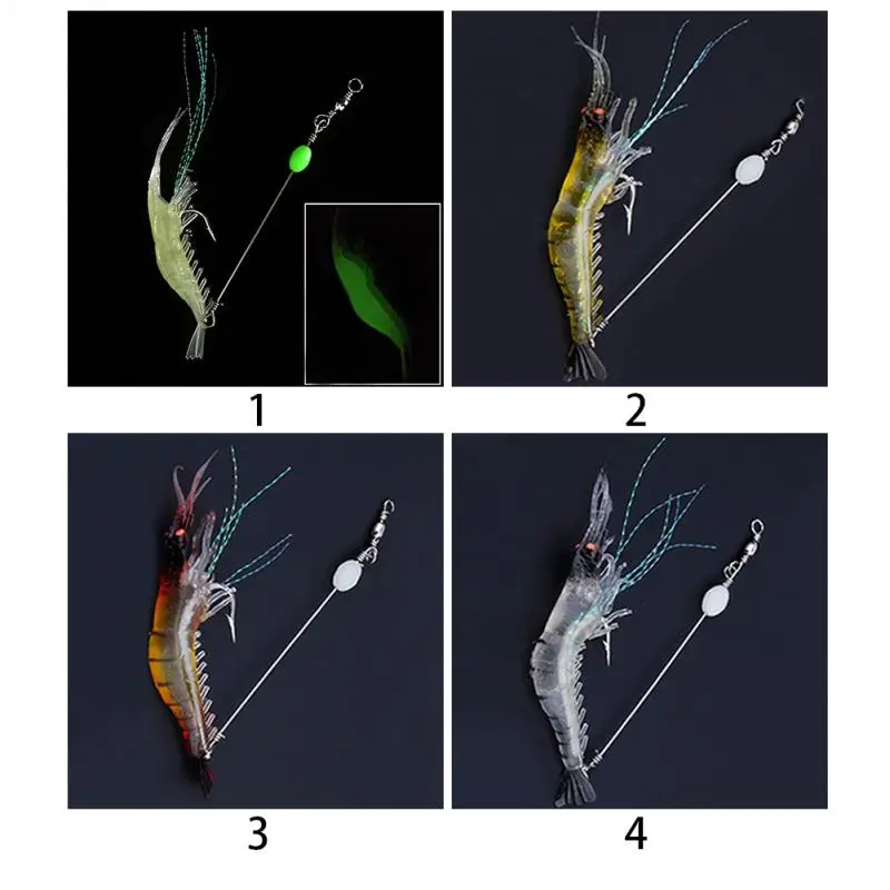 PVC Artificial Fishing Lure Bionic Shrimp Soft Bait Fishing Tackle with Hook Noctilucent Luminous Night Glow Bead