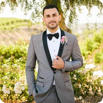 Najtaniej Szary Groom Smokingi Garnitury Męskie Na ślub 2 Sztuka Czarny Szal Lapel Groomsmen Garnitur żakiet Z Dzianiny Dresowej Szczyt Lapel Kostium Homme Terno M