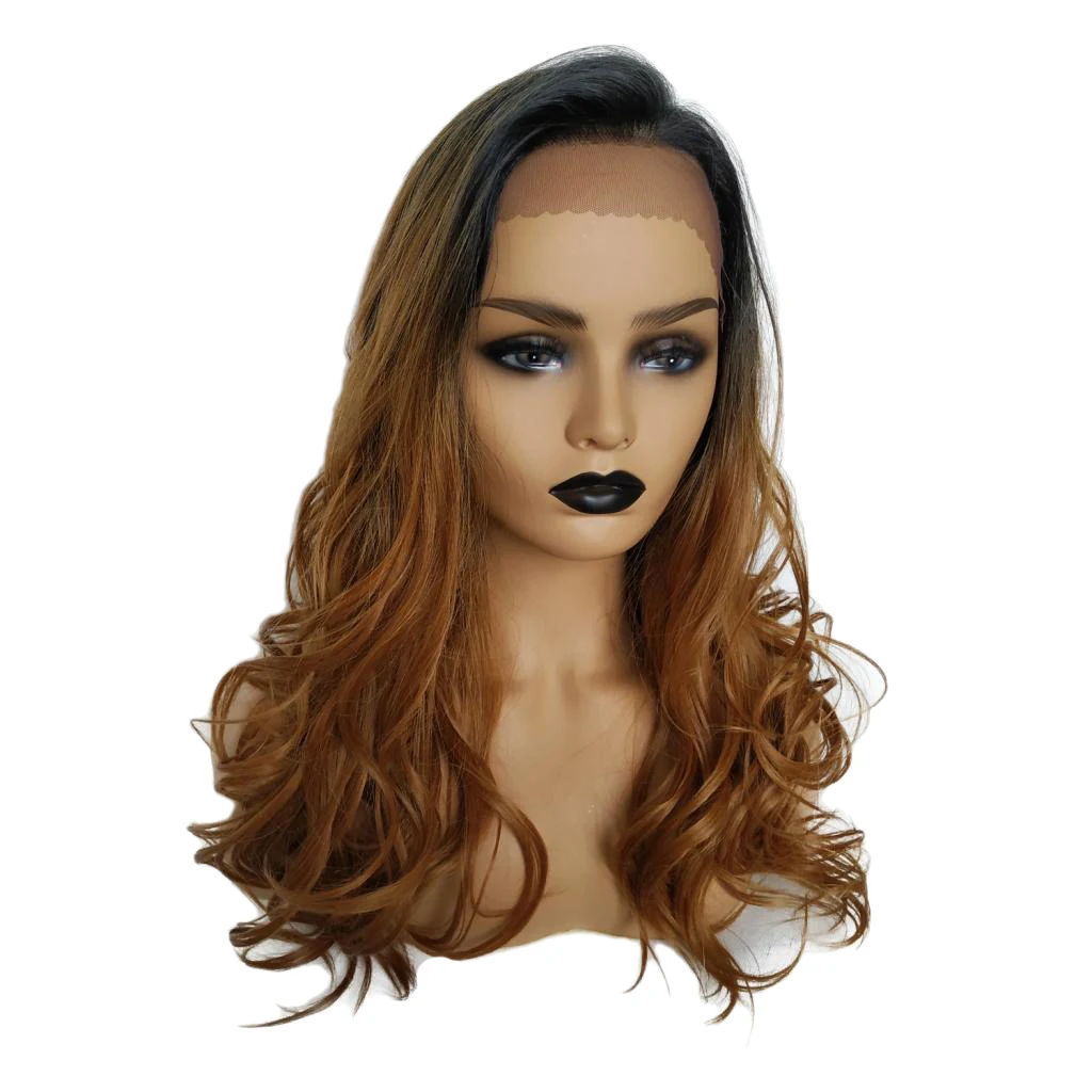 

Women Lace Front Black Rooted Ombre Brown Long Wavy Curly Synthetic Heat Resistant Full Head Wigs 18inch